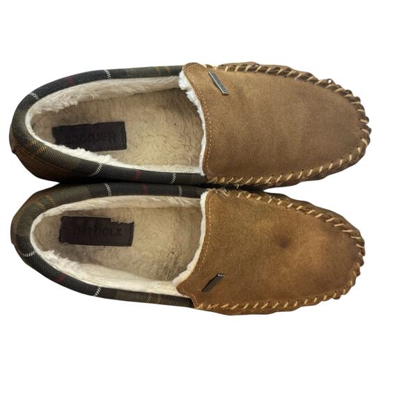 Barbour Slippers Men\'s Size 8 Monty Moccasin Tan Suede Tartan Shearling Lining
